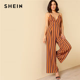 SHEIN Striped Deep V Neck Wide Leg Jumpsuit 2018