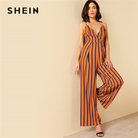 SHEIN Striped Deep V Neck Wide Leg Jumpsuit 2018