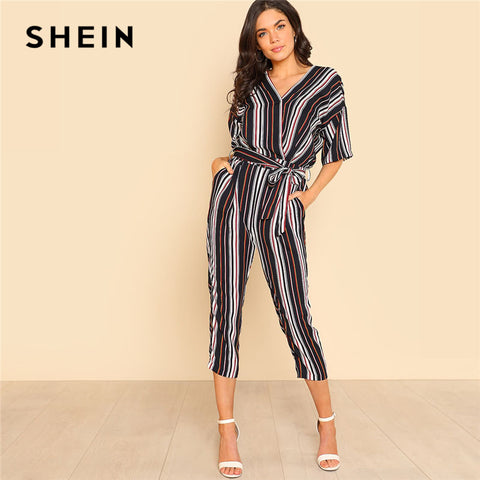 SHEIN Self Belted Striped Wrap OL Style Jumpsuit Women V neck Half Sleeve