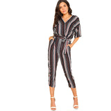 SHEIN Self Belted Striped Wrap OL Style Jumpsuit Women V neck Half Sleeve