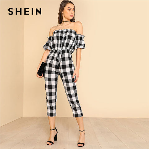 SHEIN Drawstring Waist Plaid Bardot Jumpsuit Women Off
