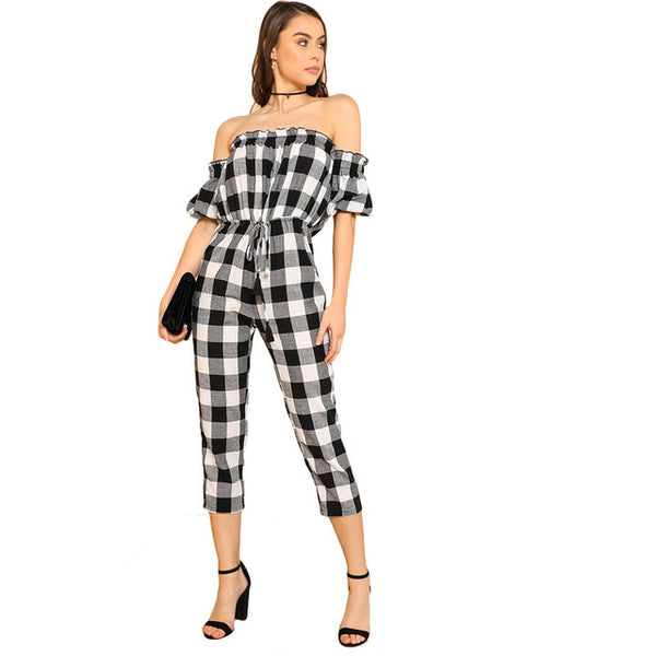 SHEIN Drawstring Waist Plaid Bardot Jumpsuit Women Off