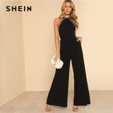 SHEIN Pearl Embellished Backless Halter Wide Leg Party Jumpsuit