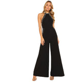SHEIN Pearl Embellished Backless Halter Wide Leg Party Jumpsuit