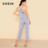 SHEIN Sexy Summer Jumpsuit Women Bow Tie Back Plaid Elegant