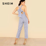 SHEIN Sexy Summer Jumpsuit Women Bow Tie Back Plaid Elegant
