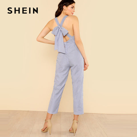 SHEIN Sexy Summer Jumpsuit Women Bow Tie Back Plaid Elegant