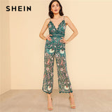 SHEIN Lace Backless Wide Leg Floral Cami Jumpsuit Women Green