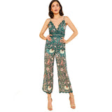 SHEIN Lace Backless Wide Leg Floral Cami Jumpsuit Women Green