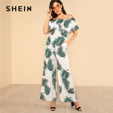 SHEIN Tropical Print Flounce Off Shoulder Wide Leg Jumpsuit 2018