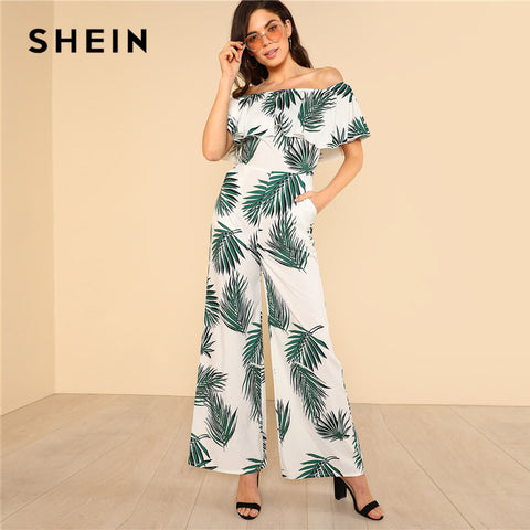 SHEIN Tropical Print Flounce Off Shoulder Wide Leg Jumpsuit 2018