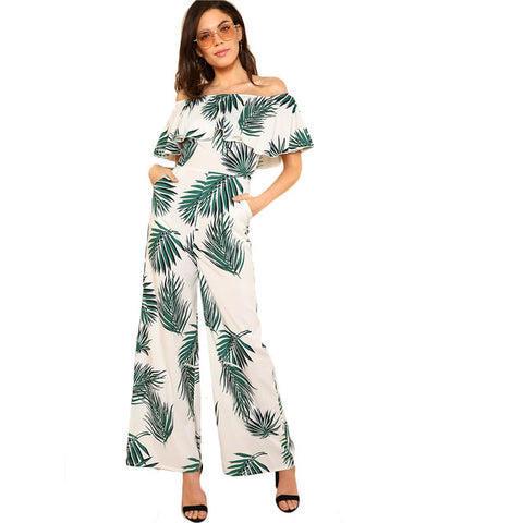 SHEIN Tropical Print Flounce Off Shoulder Wide Leg Jumpsuit 2018