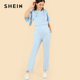 SHEIN Blue Elegant Plain Boat Neck Half Flounce Sleeve