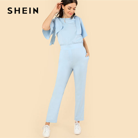 SHEIN Blue Elegant Plain Boat Neck Half Flounce Sleeve