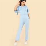 SHEIN Blue Elegant Plain Boat Neck Half Flounce Sleeve