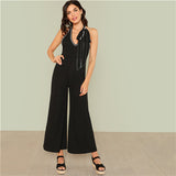 SHEIN Black Sexy Backless Deep V Neck Wide Leg